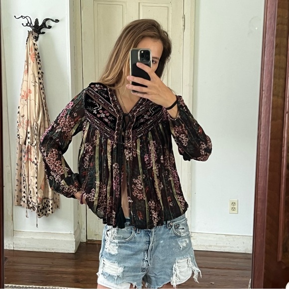 Zara boho glam velvet embroidered blouse - Picture 2 of 13